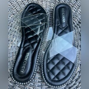 Fashion Nova Black Quilted Sandals with Clear Straps 7.5